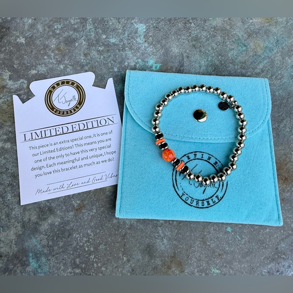 T Jazelle Limited Ed Stainless Steel Beads Silver with Orange & Black Accents